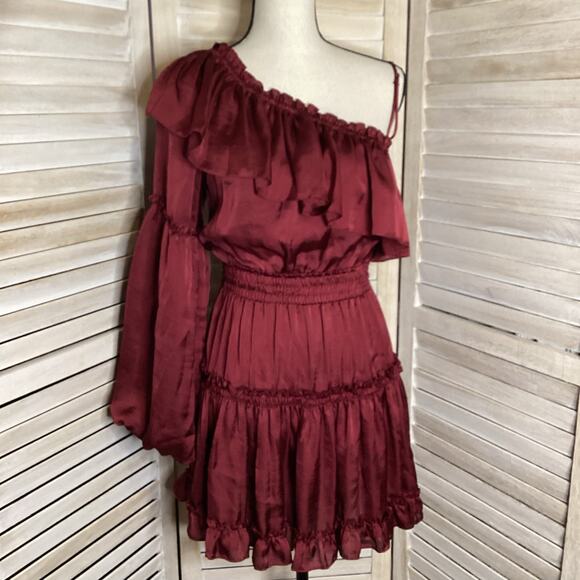 Misa Los Angeles Lucien Burgundy Satin One Sleeve Tiered Mini Dress M - Picture 4 of 11